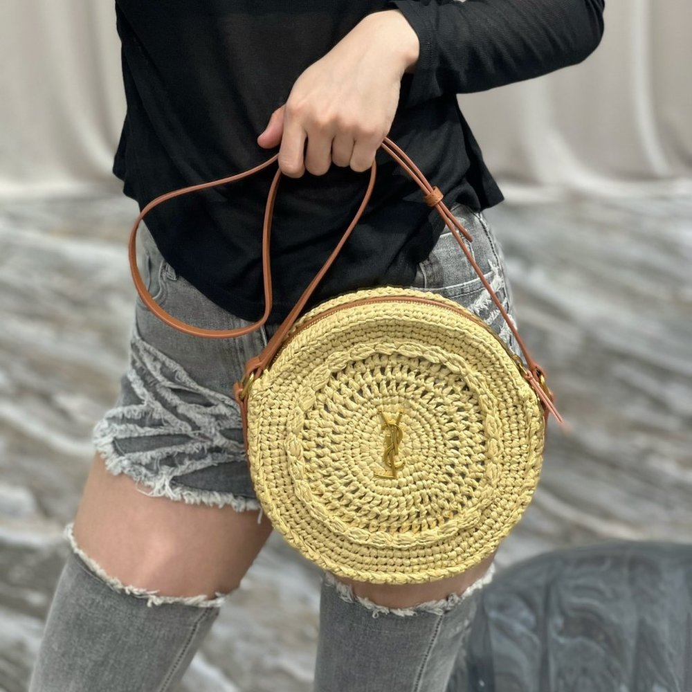 Raffia and plant-tanned leather round handbag Natural & Brick
